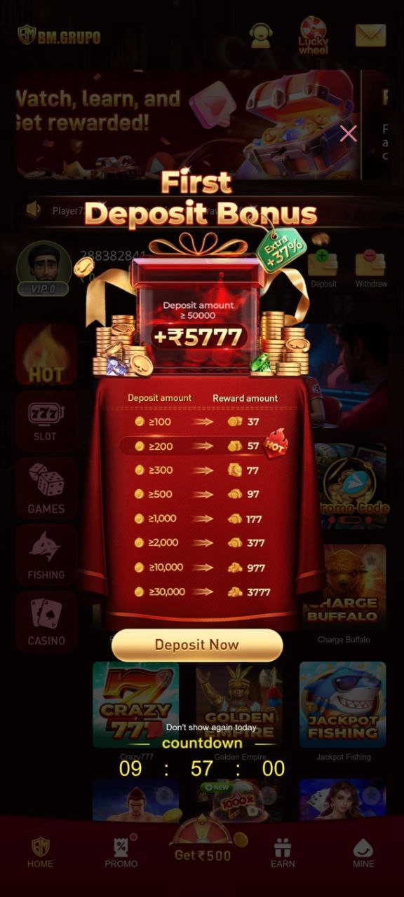 BM202 Game real app dashboard displaying game options and user features